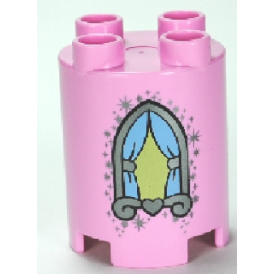 bright pink duplo brick round 2 x 2 x 2 with gothic window with curtains pattern