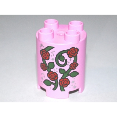 bright pink duplo brick round 2 x 2 x 2 with red roses vine and stardust pattern