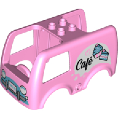 bright pink duplo car body bus small 4 studs on top with cupcake cake and café cafe pattern