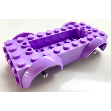 medium lavender vehicle base 5 x 10 x 2 1 2 with mudguards and 6 x 2 recessed center with 3 holes with light bluish gray wheels holders attached