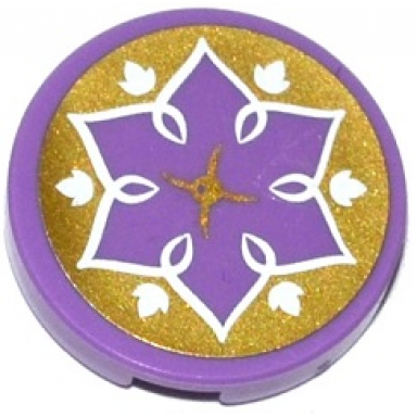 medium lavender tile round 2 x 2 with bottom stud holder with gold cushion white leaves and flower outline on transparent background pattern sticker - set 41075