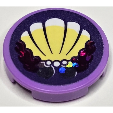 medium lavender tile round 2 x 2 with bottom stud holder with bright light yellow scallop shell white pearls and holographic highlights on dark purple background pattern sticker - set 41162