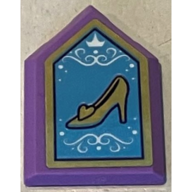 medium lavender tile modified 2 x 3 pentagonal with gold holographic frame and shoe cinderella glass slipper white crown and filigree on medium blue background pattern sticker - set 43193