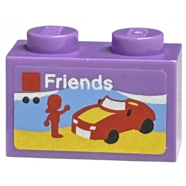 medium lavender brick 1 x 2 with lego friends set box art red car and mini doll silhouette on beach pattern sticker - sets 40145 40305 and gear 40359