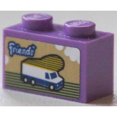 medium lavender brick 1 x 2 with friends camper van and clouds pattern sticker - set 40346