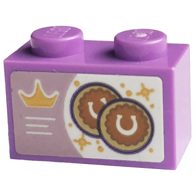 medium lavender brick 1 x 2 with gold stars and crown and horseshoes on bright pink and white background pattern sticker - set 43195