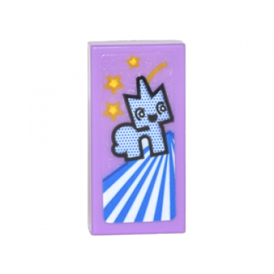 medium lavender tile 1 x 2 with card with blue unikitty 3 yellow stars and blue and white stripes pattern sticker - set 70620