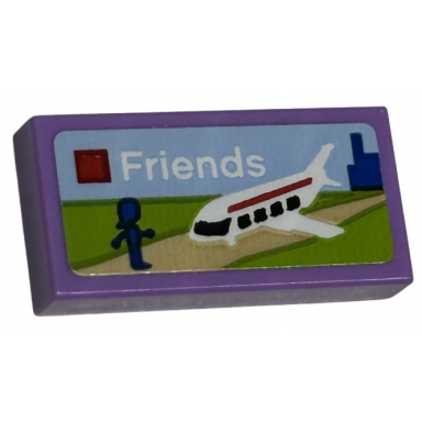 medium lavender tile 1 x 2 with lego friends set box art blue mini doll silhouette and white airplane pattern sticker - sets 40528 40574