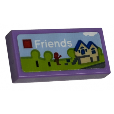 medium lavender tile 1 x 2 with lego friends set box art red minifigure silhouette and tan house pattern sticker - sets 40528 40574