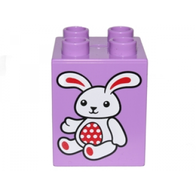 medium lavender duplo brick 2 x 2 x 2 with white and red bunny rabbit pattern 10845