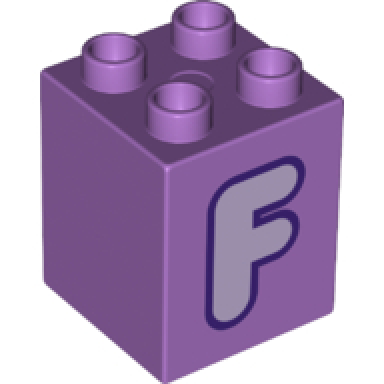 medium lavender duplo brick 2 x 2 x 2 with lavender capital letter f with dark purple outline pattern