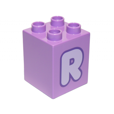 medium lavender duplo brick 2 x 2 x 2 with lavender capital letter r with dark purple outline pattern