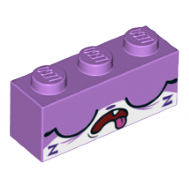 medium lavender brick 1 x 3 with cat face wide closed eyes open mouth with tongue hanging out and 2 purple zs pattern sleepy unikitty