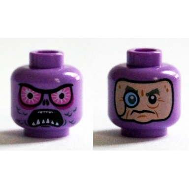 medium lavender minifigure head dual sided alien with bright pink eyes open mouth with pointed teeth balaclava light nougat face with monocle pattern