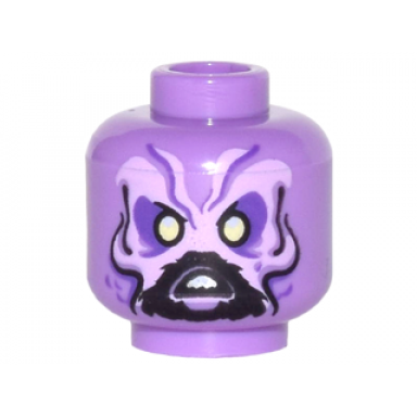 medium lavender minifigure head alien with dark purple and lavender eyebrows and face black lines and beard yellowish green eyes pattern