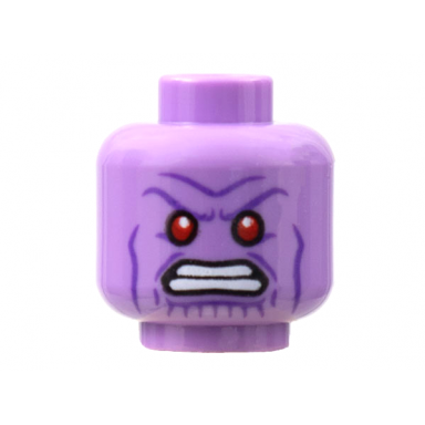 medium lavender minifigure head alien red eyes white teeth dark purple cheek lines angry pattern