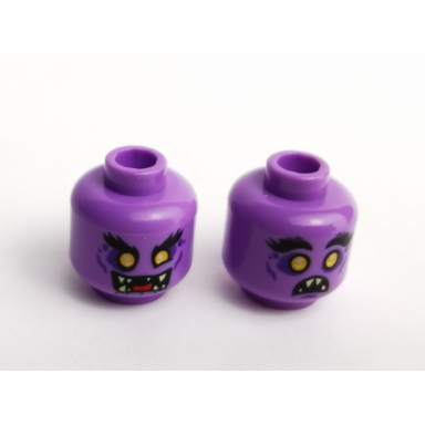 medium lavender minifigure head dual sided alien with cheek lines raised black eyebrow teeth angry scared pattern
