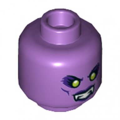 medium lavender minifigure head dual sided alien female with lime eyes dark purple eye shadow cheek lines and lips beauty mark white fangs open mouth smile with teeth neutral pattern