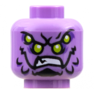 medium lavender minifigure head alien with four lime eyes dark purple eye shadow black chin and markings and bared teeth pattern