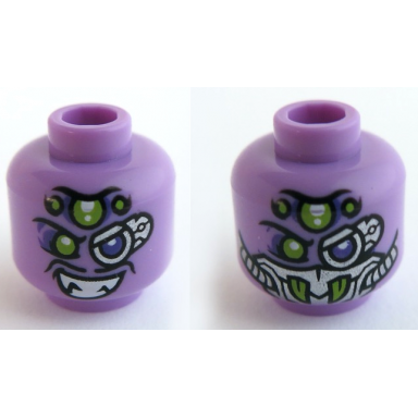 medium lavender minifigure head dual sided male lime and dark purple eyes and grin with fangs silver breathing apparatus pattern