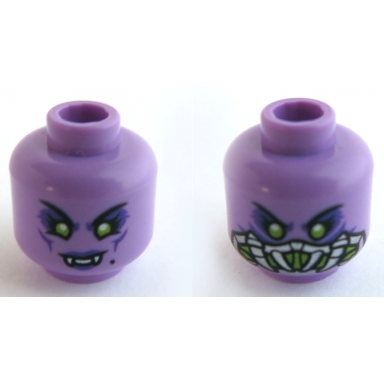 medium lavender minifigure head dual sided female lime eyes and dark purple lips with fangs silver and lime breathing apparatus pattern