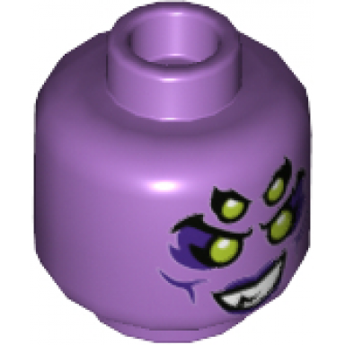 medium lavender minifigure head dual sided alien 4 lime eyes smile with missing tooth open mouth with tongue pattern
