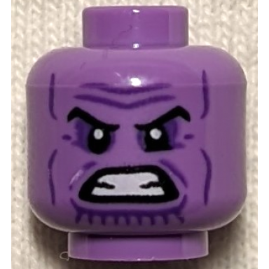 medium lavender minifigure head alien black eyebrows dark purple eye shadow wrinkles and chin lines furrowed brow bared teeth pattern