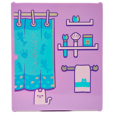 medium lavender glass for window 1 x 6 x 6 flat front with dark azure and medium azure shower curtain with silver pole and rings lavender cat towel and shelves with brushes pattern