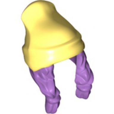 medium lavender minifigure hair combo hair with hat 2 braids over shoulders with molded bright light yellow beanie pattern