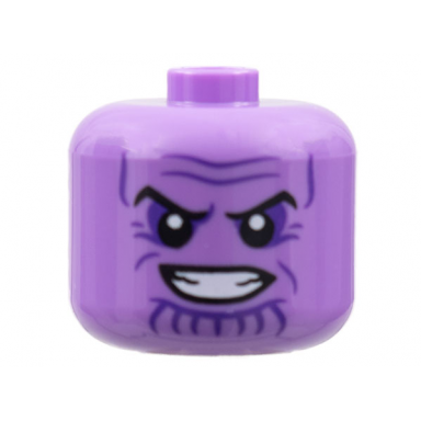 medium lavender minifigure head modified giant black eyebrows dark purple eye shadow wrinkles and chin lines furrowed brow open mouth smile with teeth pattern - vented stud