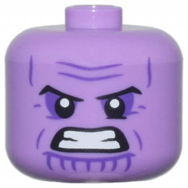 medium lavender minifigure head modified giant black eyebrows dark purple eye shadow wrinkles and chin lines furrowed brow bared teeth pattern - vented stud