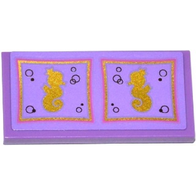 medium lavender tile 2 x 4 with gold seahorses and bubbles in 2 gold and medium lavender squares pattern sticker - set 41063