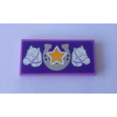 medium lavender tile 2 x 4 with two horses silver horseshoe and yellow star on dark purple background pattern sticker - set 41057