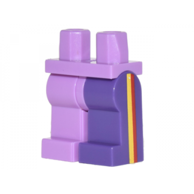 medium lavender hips and 1 dark purple left leg 1 medium lavender right leg with yellow and red vertical stripes on sides pattern