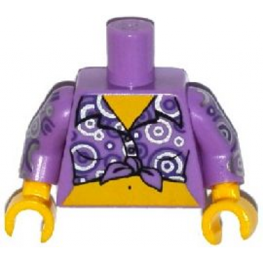 medium lavender torso female shirt tied at waist with purple and silver circles pattern medium lavender arms with purple and silver circles pattern yellow hands