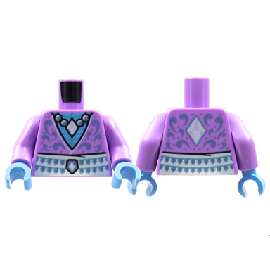 medium lavender torso deep v-neck medium blue chest pearl diamond necklace metallic light blue filigree white sash pattern medium lavender arms medium blue hands