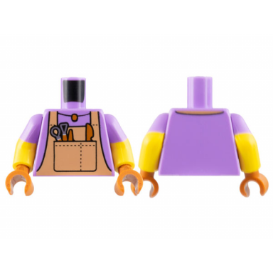 medium lavender torso nougat overalls dark orange pendant necklace and tools pattern yellow arms with molded medium lavender short sleeves pattern dark orange hands