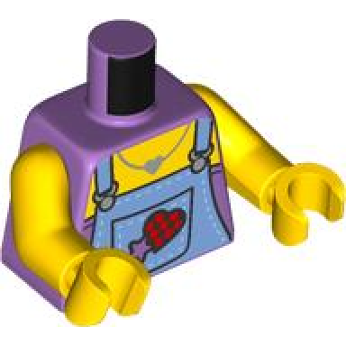 medium lavender torso medium blue overalls with buckles star and red heart on pocket yellow neck with silver necklace pattern yellow arms yellow hands