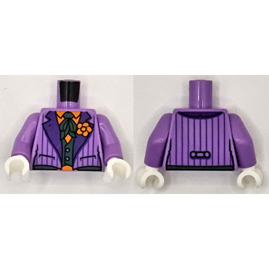 medium lavender torso suit jacket with dark purple lapels and stripes and orange flower over shirt and dark green vest and tie pattern medium lavender arms white hands