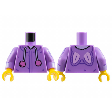 medium lavender torso rabbit hoodie with dark purple lines and fur and lavender draw strings with dark pink puffs and bright pink ears pattern medium lavender arms with dark purple and lavender cuffs cat head and paw print pattern yellow hands