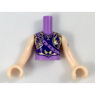 medium lavender torso mini doll girl armored top with dark purple and gold trim air icon pattern light nougat arms with hands with purple tattoo