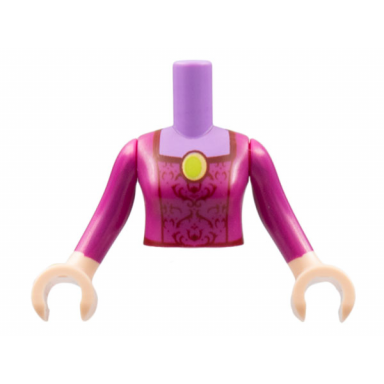 medium lavender torso mini doll woman magenta top with dark red filigree lime broach pattern light nougat arms with hands with magenta long sleeves