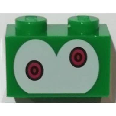 green brick modified 1 x 2 with studs on 1 side with red eyes on white background pattern super mario mechakoopa