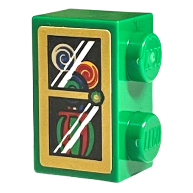 green brick modified 1 x 2 with studs on 1 side with 3 multicolored lollipops with swirls in vase gold border and reflections pattern sticker - set 76405