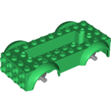 green vehicle base 5 x 10 x 2 1 2 with mudguards and 6 x 2 recessed center with 3 holes with light bluish gray wheels holders attached