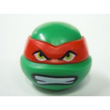 green minifigure head modified ninja turtle with red mask and teeth pattern raphael