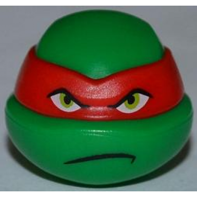 green minifigure head modified ninja turtle with red mask and frown pattern raphael