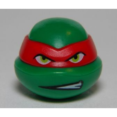 green minifigure head modified ninja turtle with red mask and teeth showing on one side pattern raphael