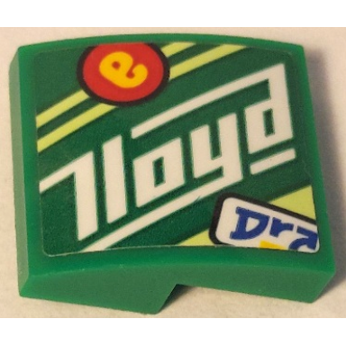 green slope curved 2 x 2 x 2 3 with blue dra white lloyd yellow lowercase letter e in red circle and yellowish green stripes pattern model left side sticker - set 71709