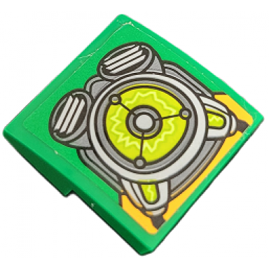 green slope curved 2 x 2 x 2 3 with light bluish gray and dark bluish gray power unit with air vents lime center and electricity pattern sticker - set 76198